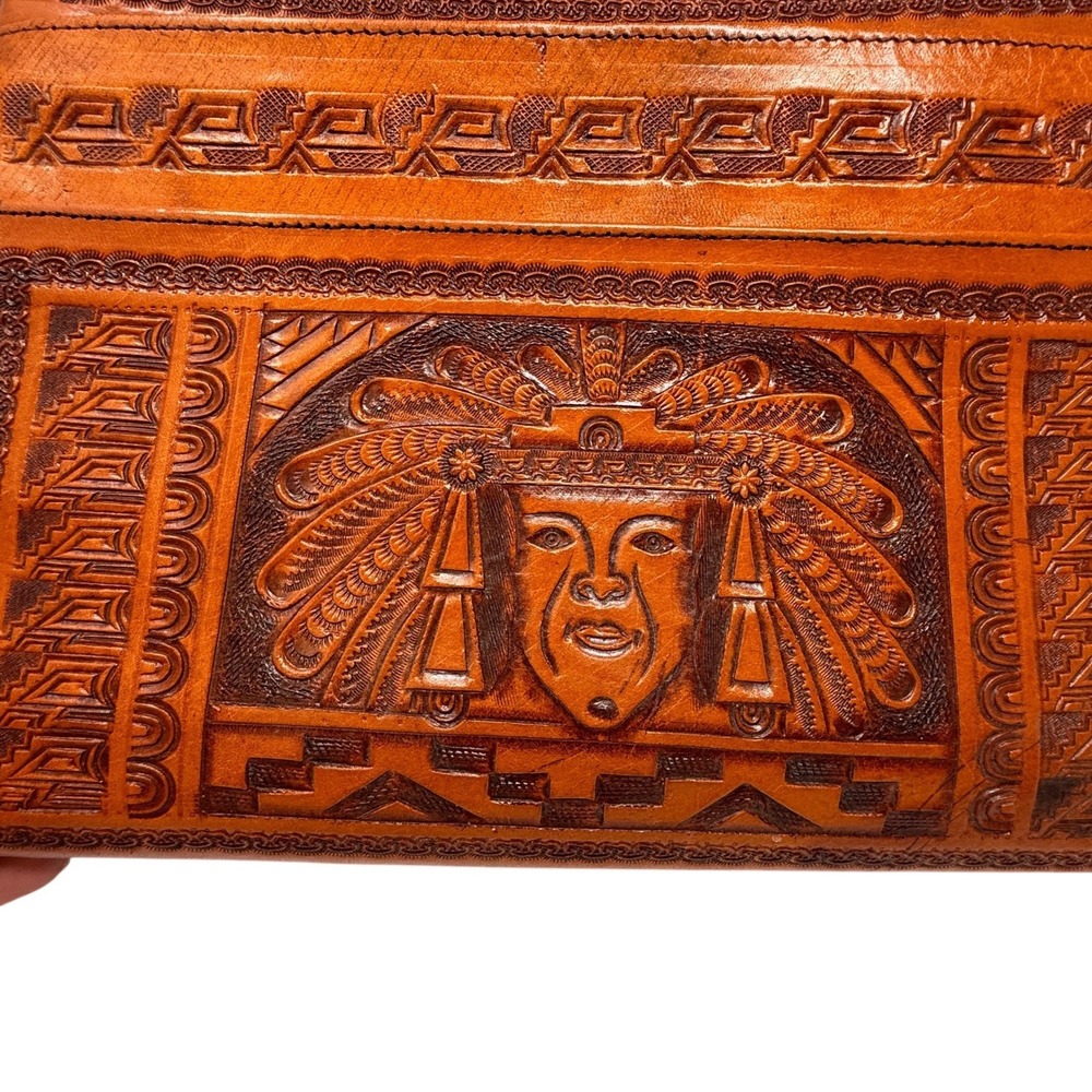 Vintage Mexican Hand Tooled Leather Shoulder Bag Aztec Mayan Warrior Sun Purse - Picture 13 of 13